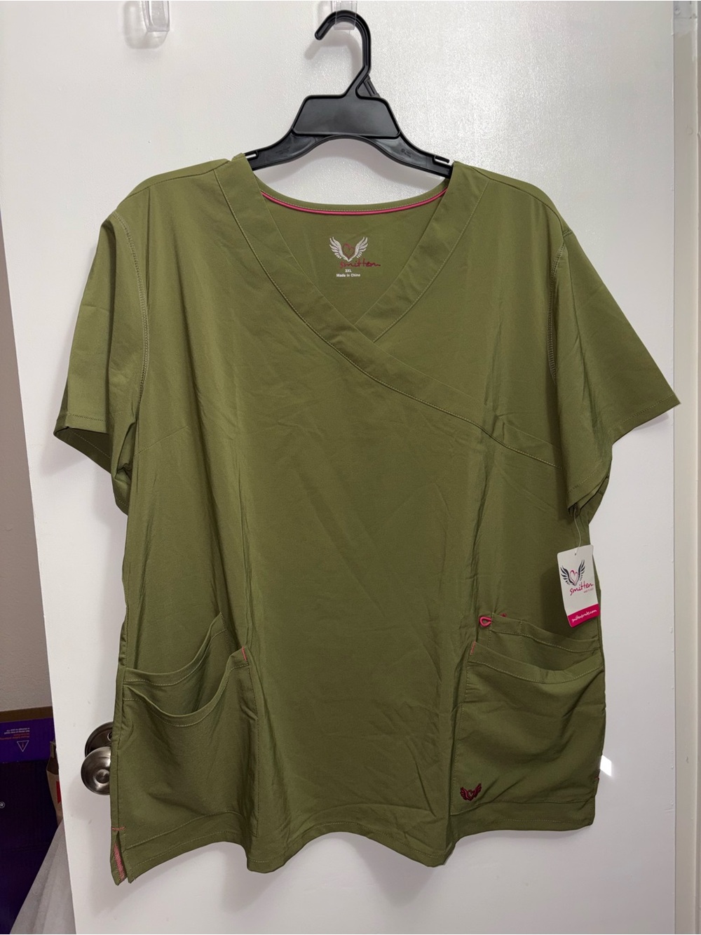 Smitten Olive Green Short-Sleeve Scrub Top with Pink Trim